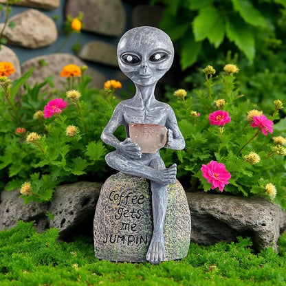 Solar Powered Alien Garden Statue with Coffee Cup, Funny Outdoor Decor, 11.6 x 5.1 x 4.5 inches