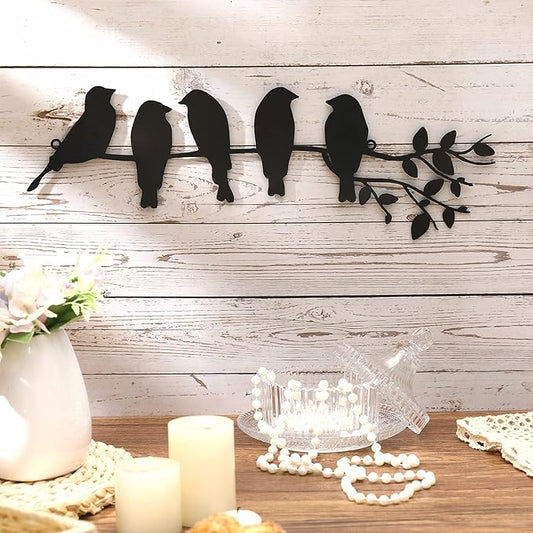 Ferraycle Metal Bird Wall Art - Birds on Branch with Leaves - Metal Sculpture Wall Hanging Sign for Balcony, Garden, Home Decor(Black)