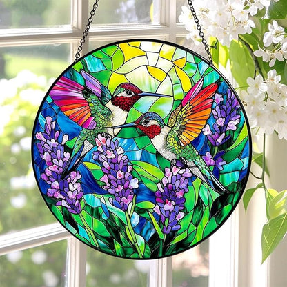 Stained Glass Window Hanging Hummingbird Sun Catcher 7.8 in, Glass Panel Suncatcher for Window Decor, Hummingbird Gifts for Women Mom and Birds Lover