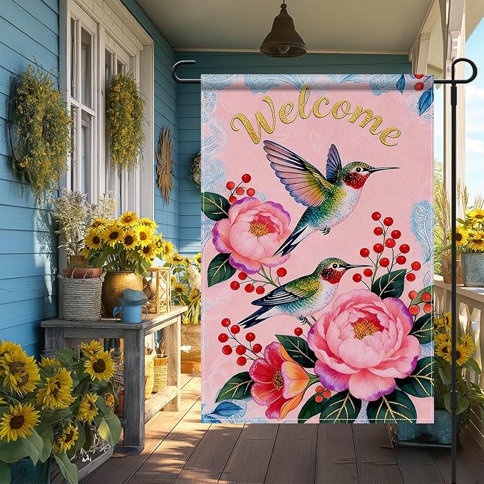 IVN Hummingbird Garden Flag 12x18 Inch – Welcome Floral Outdoor Flag, Double Sided Burlap Spring Summer Yard Flag for Porch Lawn Patio Decor