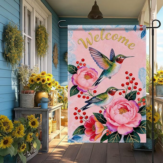 IVN Hummingbird Garden Flag 12x18 Inch – Welcome Floral Outdoor Flag, Double Sided Burlap Spring Summer Yard Flag for Porch Lawn Patio Decor
