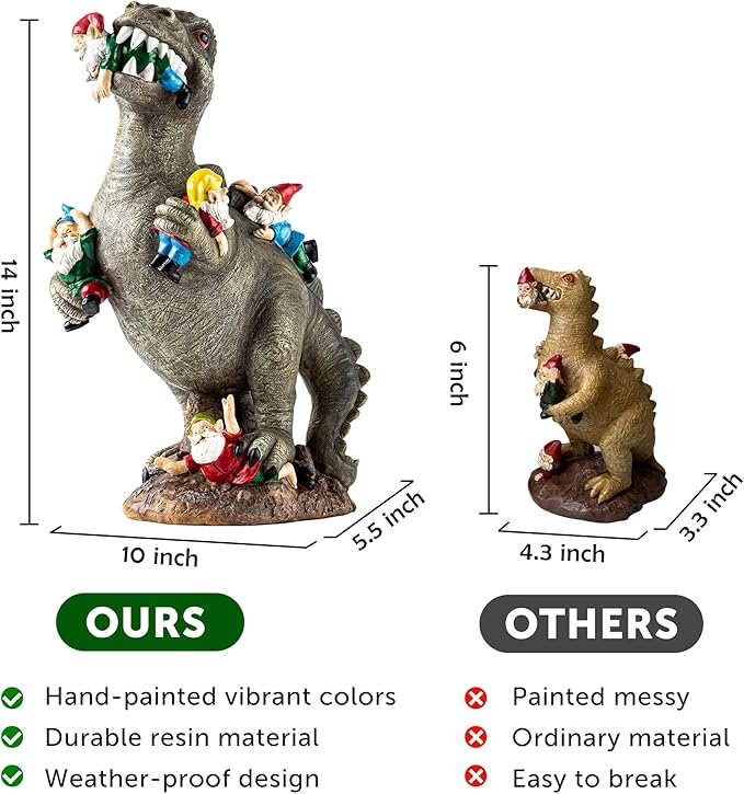 SOWSUN Garden Gnomes Statues Yard Decorations Outdoor Garden Decor, 14” Dinosaur Gnomes Garden Statues, Patio, Lawn Ornament, Gardening Gifts for Women for Housewarming