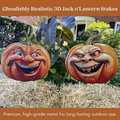 Clovers Garden Metal Halloween Pumpkin Yard Stakes (Set of 2) Smiling 3D Scary Vintage Look Lawn Signs - Duarable Weather Resistant
