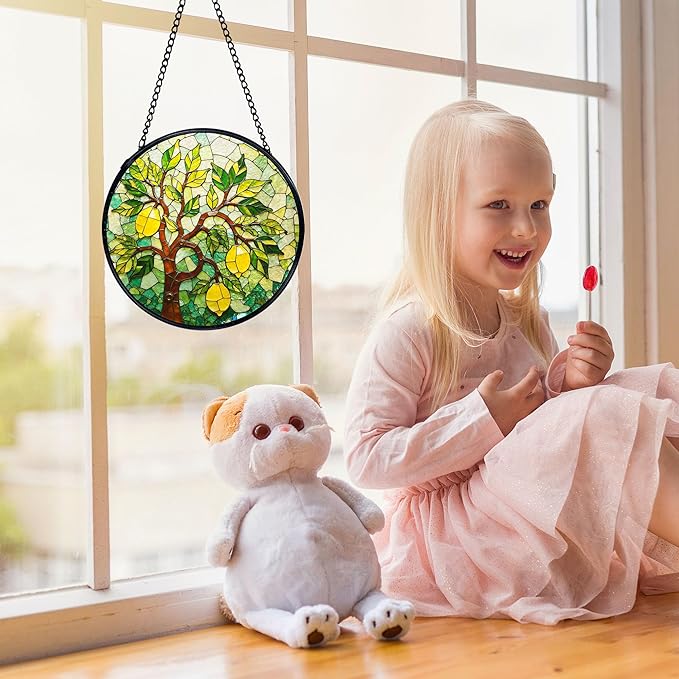 Italian Lemon Kitchen Suncatchers Stained Glass Window Hanging, Lemon Kitchen Decor, Summer Mediterranean Sun Catchers Indoor Window Glass Round Wall Decor, Italian Wall Hanging, 7.9x7.9in