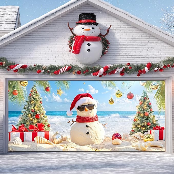 IVN Christmas Holiday Garage Door Banner 6x13 ft Tropical Sandman Scene Backdrop Garage Door Cover Mural with Palm Tree Ornaments Christmas Garage Door Covers Decorative for Winter Beach Party