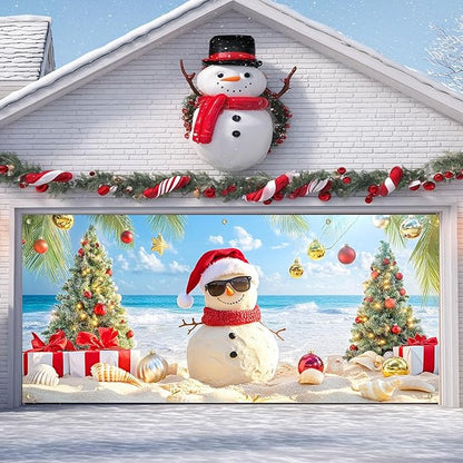 IVN Christmas Holiday Garage Door Banner 6x13 ft Tropical Sandman Scene Backdrop Garage Door Cover Mural with Palm Tree Ornaments Christmas Garage Door Covers Decorative for Winter Beach Party
