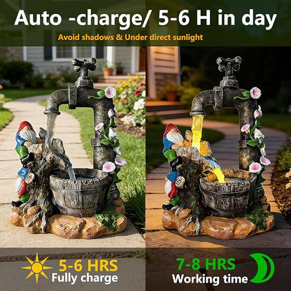 Solar Garden Gnomes Statues Outdoor Yard Decorations, 10" Resin Fountain Gnome Outside Christmas Art Decor for Lawn Patio Porch Backyard,Unique Housewarming Gifts for Women Mom Grandma