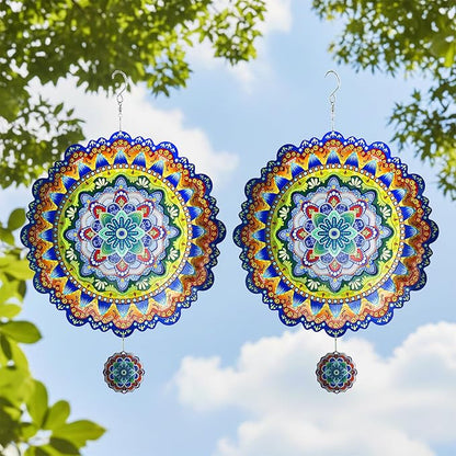 2 Pack Wind Spinners Outdoor Hanging Stainless Steel Multi Color 12 Inch Yard Art Decoration 3D Wind Spinners Mandala for Garden Porch