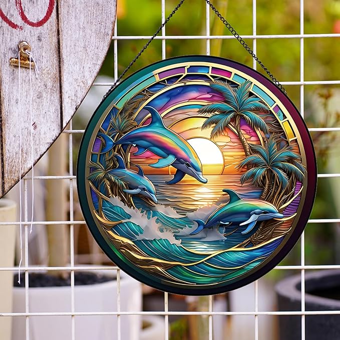 Dolphin Ocean Sunset Suncatcher Stained Glass,Hanging Stained Glass for Windows,20cm/7.87inch Sun Catcher Garden Hangings Ornaments Halloween Fall Christmas Decor for Home