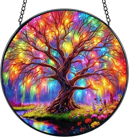 7.8 in Stained Glass Window Hanging, Magic Tree of Life Sun Catchers, Colorful Suncatcher for Home Decor, Decorative Boho Wall Art, Ideal Gift for Mom Grandma Aunt Wife Housewarming
