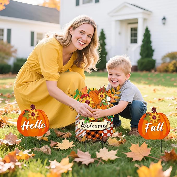 3 Pcs Metal Pumpkin Yard Stakes with Welcome Sign Hello Fall Pumpkin Yard Signs Hanging Wall Decor Farmhouse Decorative Garden Stakes for Autumn Harvest Thanksgiving Outdoor Walkway Decor
