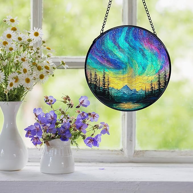 Nature Mountain Aurora Borealis Suncatcher Stained Glass Window Hanging, Northern Lights Sun Catchers Indoor Window Glass Wall Art Decor, Nature Wall Hanging Decor Decorations, 7.9x7.9 Inch