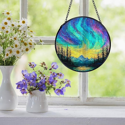 Nature Mountain Aurora Borealis Suncatcher Stained Glass Window Hanging, Northern Lights Sun Catchers Indoor Window Glass Wall Art Decor, Nature Wall Hanging Decor Decorations, 7.9x7.9 Inch