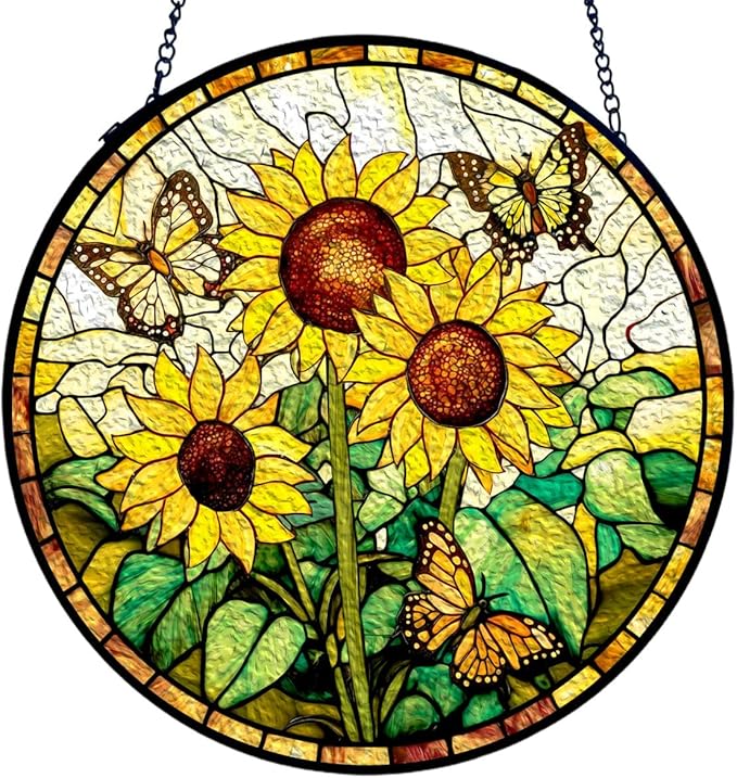 GENANY Sunflowers Glass Window Hanging, Spring Sun Catcher with Metal Chain and Hook, Romantic Gifts for Women Friends Family, Garden Decor, Housewarming Gifts, Outdoor Decor