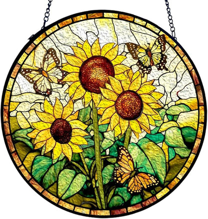 GENANY Sunflowers Glass Window Hanging, Spring Sun Catcher with Metal Chain and Hook, Romantic Gifts for Women Friends Family, Garden Decor, Housewarming Gifts, Outdoor Decor