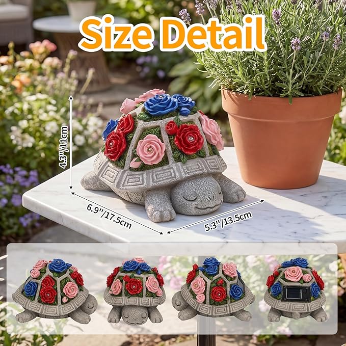 Solar Garden Decor Outdoor Turtle Statue with Multi-Color Rose Flowers & 7 LED Lights – Outside Tortoise Decoration for Lawn Yard Patio Backyard - Home House Art- Gift for Women Mom Grandma