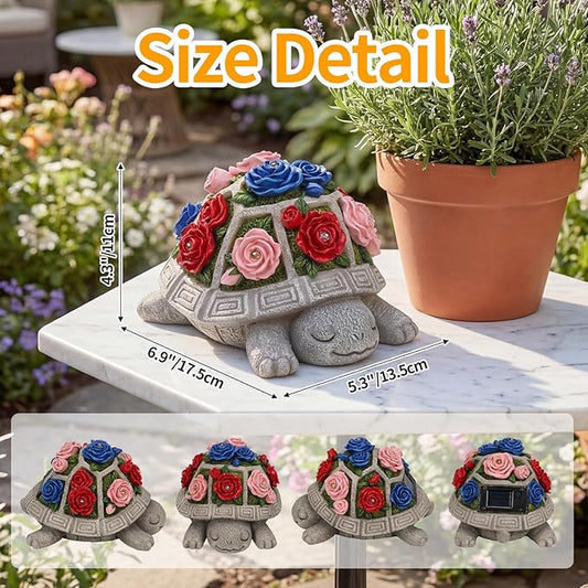 Solar Garden Decor Outdoor Turtle Statue with Multi-Color Rose Flowers & 7 LED Lights – Outside Tortoise Decoration for Lawn Yard Patio Backyard - Home House Art- Gift for Women Mom Grandma