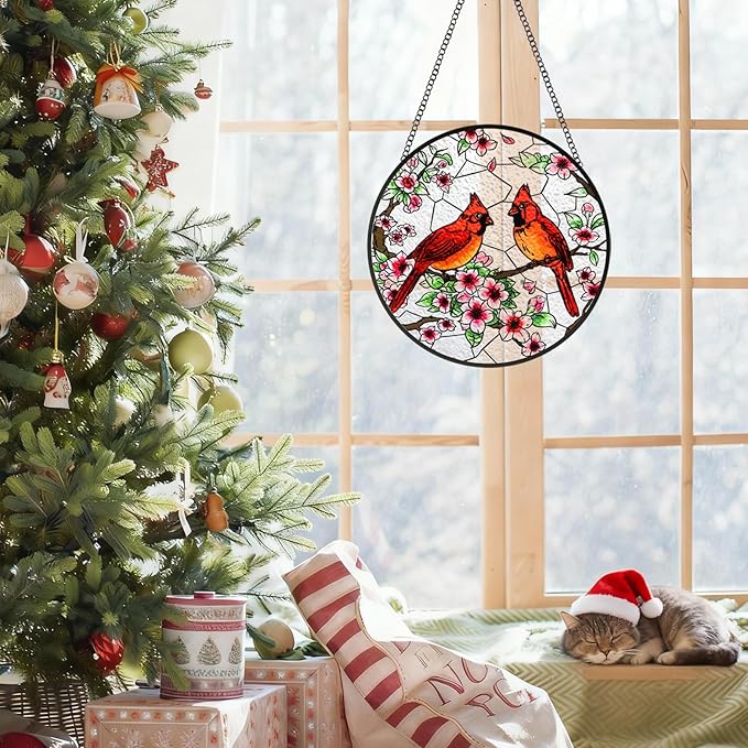 Stained Glass Window Hanging, Cardinal Sun Catchers Colorful Glass Panel Bird Suncatcher Indoor Window Wall Art Home Decor Gift for Birthday Christmas, for Women,Men,Wife, Lovers, and Mom 7.8 in