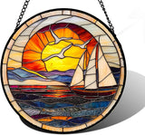 DASTOLL Stained Glass Window Hanging, Sun Ocean Sailboat Seagull Abstract Suncatcher Diamond Glass Panel Sun Catchers Decor for Birthday for Women, Men, Wife, Aunt, and Mom 11.8x11.8 in