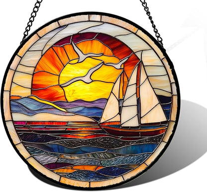 DASTOLL Stained Glass Window Hanging, Sun Ocean Sailboat Seagull Abstract Suncatcher Diamond Glass Panel Sun Catchers Decor for Birthday for Women, Men, Wife, Aunt, and Mom 7.8 in