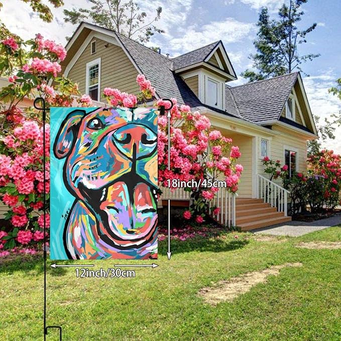 Colorful Pitbull Paintings Garden Flags House Indoor & Outdoor Welcome Decorations,Waterproof Polyester Yard Decorative for Game Family Party Banner
