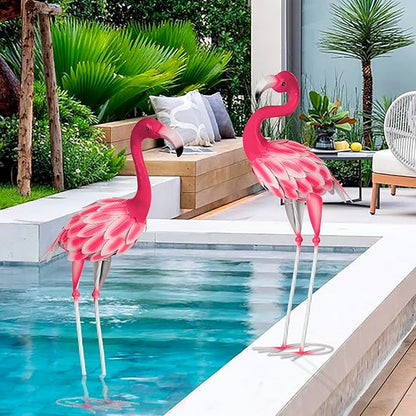 Set of 2 Pink Flamingo Outdoor Statues, Metal Yard Flamingo for Garden Patio Lawn Backyard Decorations