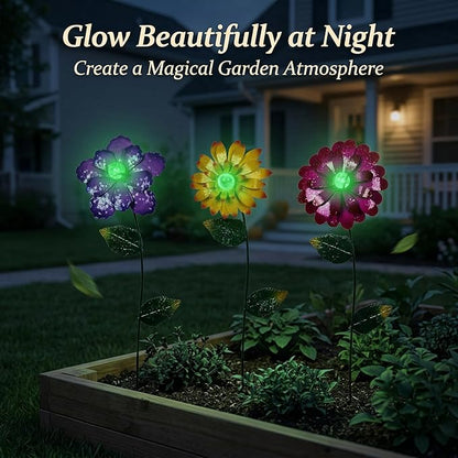Topadorn 3 Pack Floral Garden Stake Outdoor Glow in Dark Plant Pick Waterproof Metal Flower Spring Decorations Lawn Yard Patio Art Stakes, Ornaments Gift for Garden Lovers
