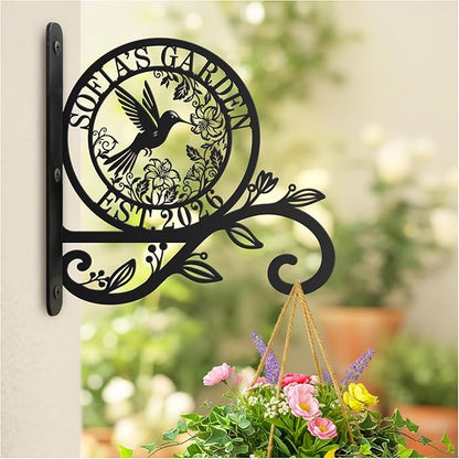 Personalized Metal Plant Hanger Bracket, Custom Name Hanging Plant Hook for Indoor Outdoor Use, Decorative Wall Mount Garden Hook for Flower Baskets, Bird Feeder, Wind Chime (Garden 2)