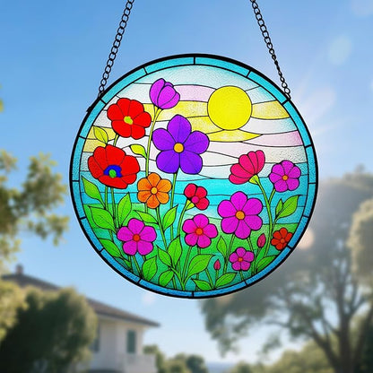 Stained Glass Window Hanging - Wildflowers Stain Glass for Indoor, Colorful Floral Suncatcher, Green Plant Decor for Balcony, Garden, Cottage,Birthday Gift for Women (12 Inch)