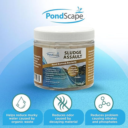 PondScape Sludge Assault Pond Cleaner – Pond Muck & Sludge Remover, Improves Water Clarity, Reduces Odors & Nitrates, Suitable for Koi, Fish & Aquatic Life – Treats 12,000 Gallons – 12 x 1oz Blocks