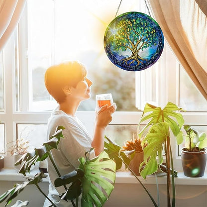 Bimkole Tree of Life Stained Glass Suncatcher Window Hanging - Leaves Indoor Window or Doorway Decoration - Handmade Sun Catcher Decor for Garden Home Christmas & Birthday Gifts 7.87x7.87 Inch