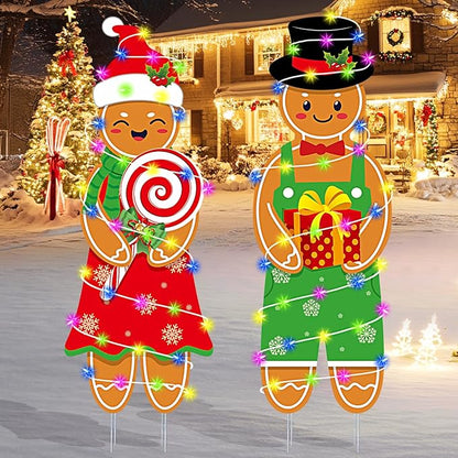 2 Pcs Christmas Decorations Outdoor Indoor Large Gingerbread Man Boy and Girl Yard Stakes - Christmas Tree Decorations - for Lawn Garden Front Door Home Farmhouse Porch