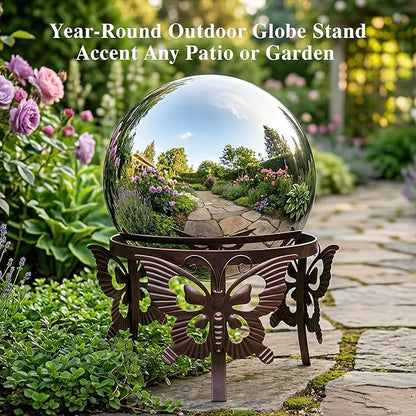 Wrought Iron Gazing Ball Stand for 10 or 12 Inch Gazing Balls – Low-Profile Garden Orb Holder, Outdoor Decorative Display for Yard, Patio, and Lawn Decor，Butterfly