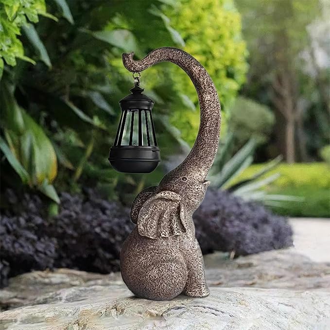 NASKY 14.76" Outdoor Sculpture Figurine Statue Solar Elephant – Stone-Look Resin Garden, Yard, Lawn, & Park Decor, Perfect Housewarming Gift for Family, Friends, or Colleagues