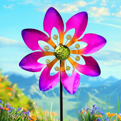 COOZZYHOUR Outdoor Metal Flower Wind Spinners,36 Inch Purple Flower Windmill with Stake,Pinwheels for Yard Lawn Patio and Garden Decor-Purple