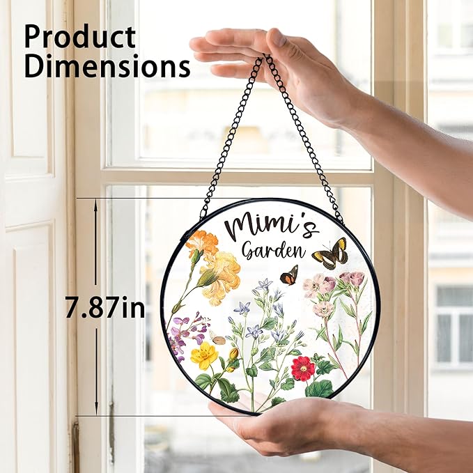 TNUW Mimi Gifts Stained Glass Window Hanging, Best Grandma Gifts from Grandkids Sun Catchers Indoor Window Glass Round Wall Art Decor, Mimi's Garden Wall Hanging Decorations, 7.9＂x7.9＂