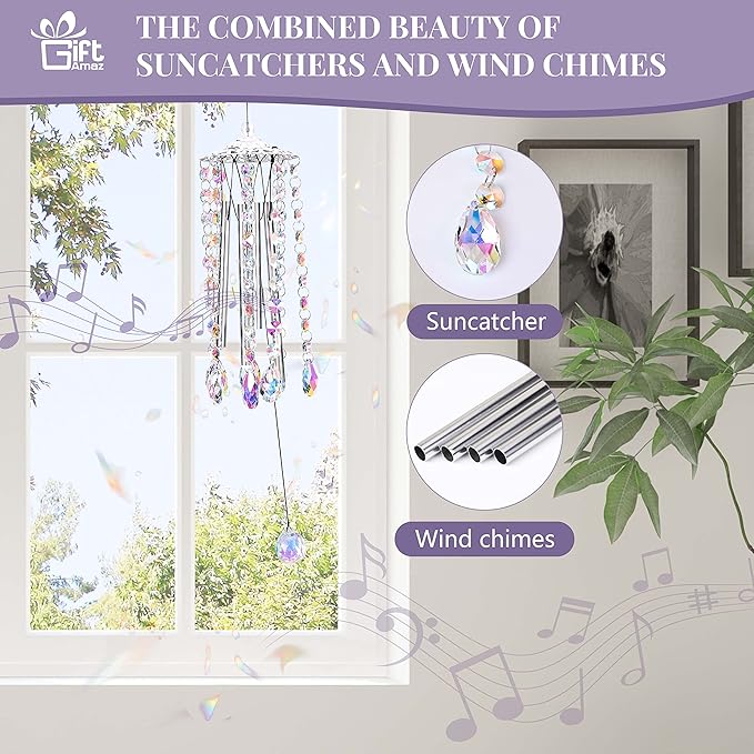 GiftAmaz Crystal Suncatcher Wind Chimes with 4 Tuned Tubes, Hanging Prism Rainbow Maker Chandelier Crystal Pendant Wind Chime Window Hanging Ornament Gift for Women Friends Home Garden Decor Birthday