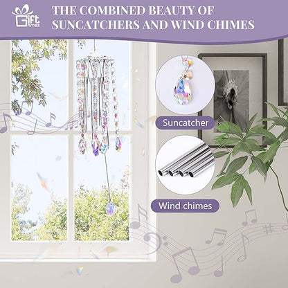 GiftAmaz Crystal Suncatcher Wind Chimes with 4 Tuned Tubes, Hanging Prism Rainbow Maker Chandelier Crystal Pendant Wind Chime Window Hanging Ornament Gift for Women Friends Home Garden Decor Birthday