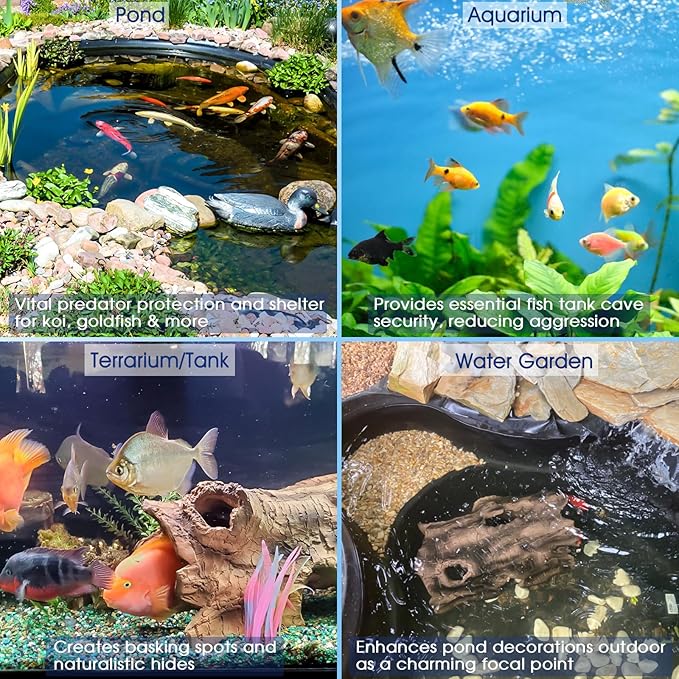 Faux Log Fish Cave, Fish Hide & Aquarium Cave for Koi Pond Decor All-Weather Predator Protection Shelter Durable Pond Decorations for Ponds, Aquariums and Terrariums