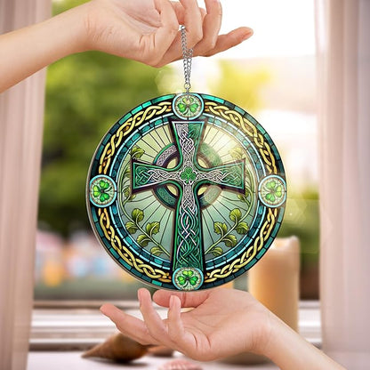 FLAGWIX St Patricks Day Decorations - Double Layered Hanging Suncatcher 6 in for Home Garden Decor - St Patricks Day Decorations, Celtic Cross Home Décor, Irish Gifts for Men Women Friends Family
