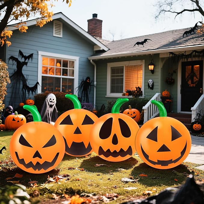 4 Packs 24 Inches Halloween Inflatable Pumpkin Outdoor Decorations PVC Inflatable Hanging Pumpkin Ornaments Blow Up Pumpkin for Halloween Party Yard Garden Outdoor Decoration