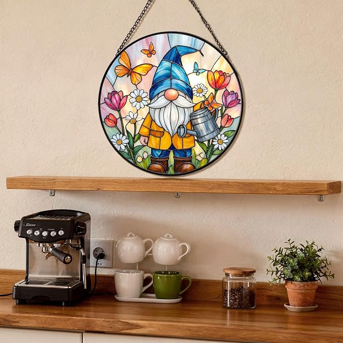 Gnome Stained Glass Suncather for Window Hanging with Flowers & Butterflies, 6.3'' Garden Gnome Gift for Women, Whimsical Wall Art Home Decor Gift for Mom, Grandma (Colorful Garden, 6.3'')
