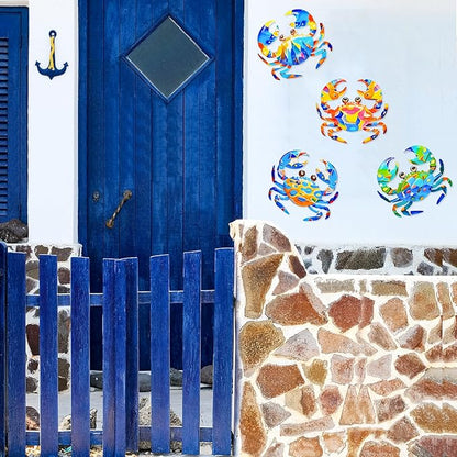 FaloStwer Metal Beach Wall Decor Art, 3D Colorful Sea Turtle Fish Crab and Seahorse Outdoor Sculptures, Ocean Themed Outside Decor for Patio Pool Bathroom Yard Farmhouse Fence Deck (Crab)