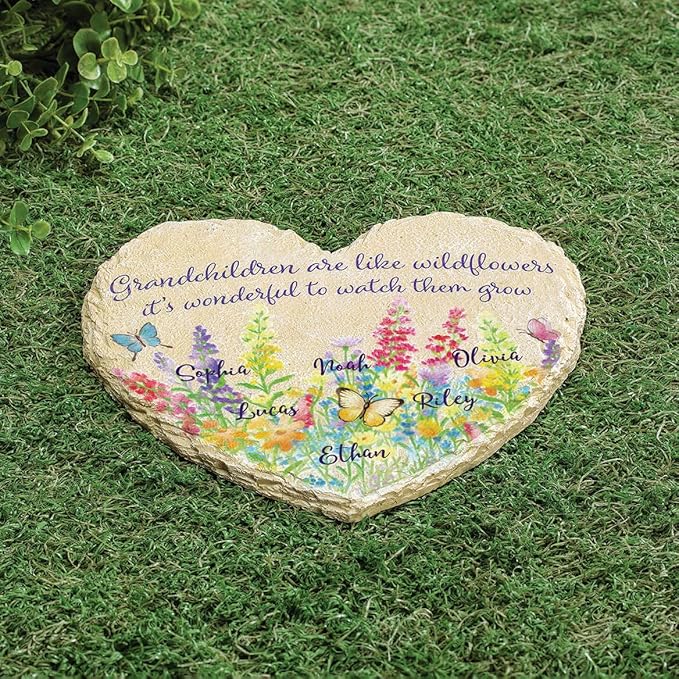 Fox Valley Traders Custom Grandchildren Wildflowers Garden Stone, 100% Resin, Outdoor Décor - Measures 10" x 9 1/2", 6 Names