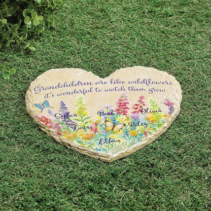Fox Valley Traders Custom Grandchildren Wildflowers Garden Stone, 100% Resin, Outdoor Décor - Measures 10" x 9 1/2", 6 Names