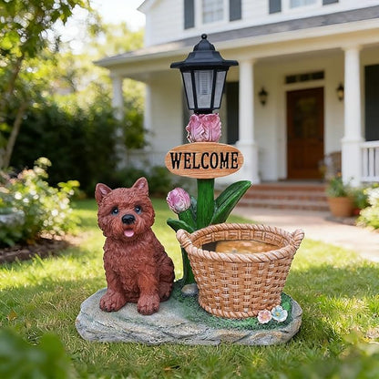 20" Solar Cairn Terrier Garden Statue with Welcome Sign & Planter - Large Dog Sculpture with LED Street Lantern - Weatherproof Resin Decorative Flower Pot for Porch, Yard & Patio - Pet Lover Gift
