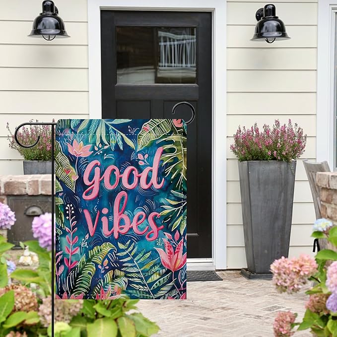 Dyrenson Good Vibes Good Tropical Plant Decorative Garden Flag, Motivational Pink Flower Leaves Yard Outside Home Decoration, Botanical Floral Burlap Outdoor Small Decor Double Sided 12 x 18