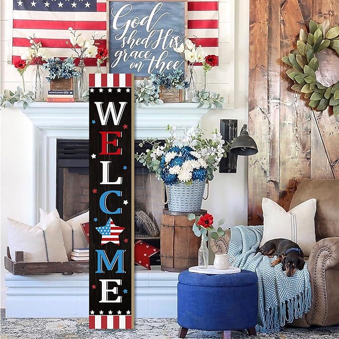 Patriotic 4th of July Independence Day Porch Sign Decor Memorial Day Wooden Hanging Sign Door Porch Standing Decorative Signs Plaques Front Door Farmhouse Outdoor Indoor Welcome Sign Wall Craft Decor 47.2"H