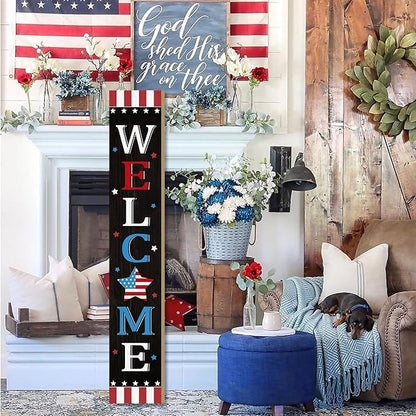 Patriotic 4th of July Independence Day Porch Sign Decor Memorial Day Wooden Hanging Sign Door Porch Standing Decorative Signs Plaques Front Door Farmhouse Outdoor Indoor Welcome Sign Wall Craft Decor 47.2"H