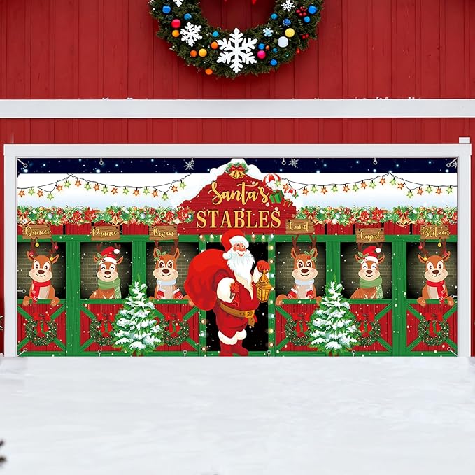 7x16ft Christmas Garage Door Cover Banner Large Hanging Backdrop Decorations Xmas Santa Garage Door Cover Decor for Home Outdoor Indoor Christmas Party Wall Yard (Reindeer)